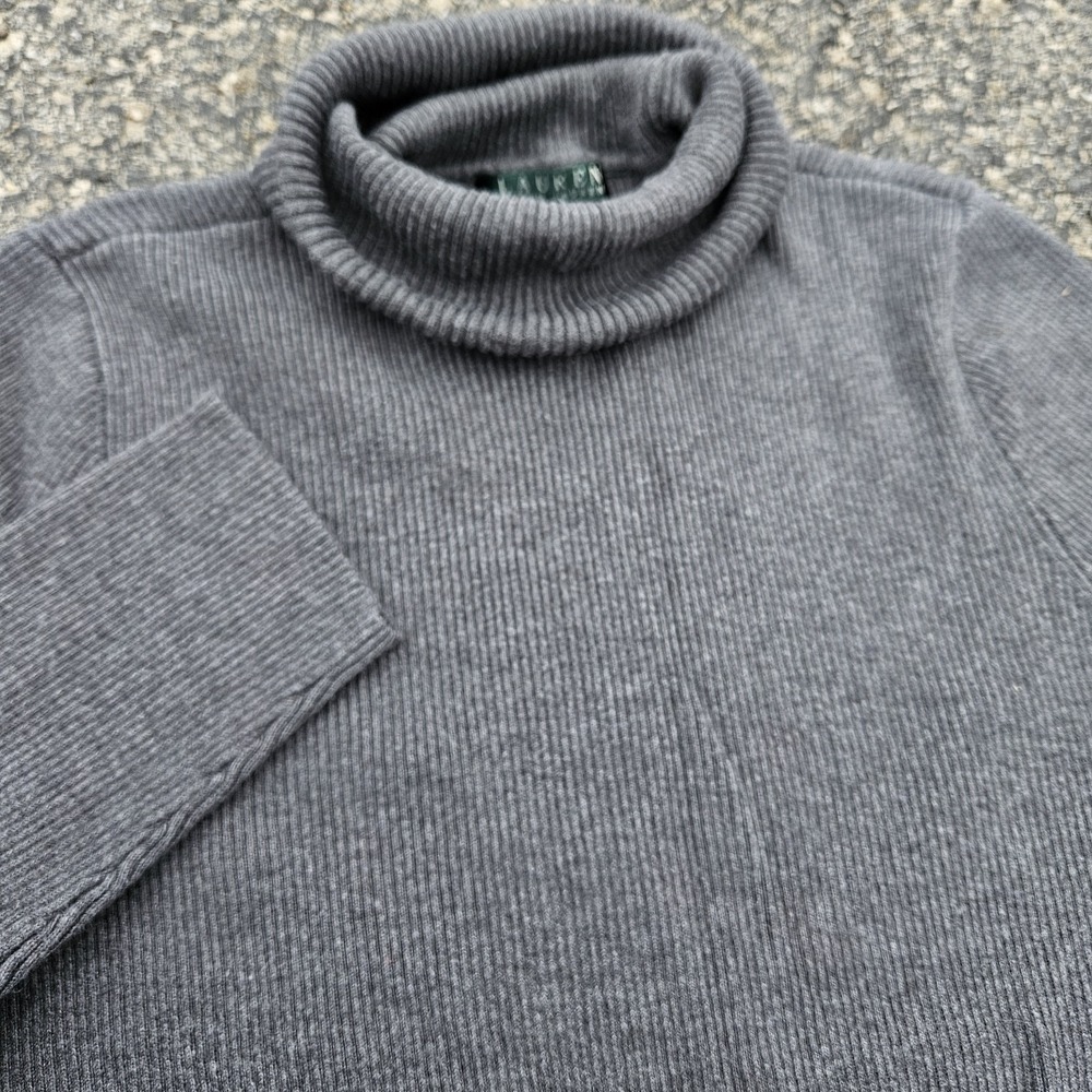Ralph Lauren LRL Gray Ribbed Women Roll Turtle Neck Sweater XL Logo Cotton Modal